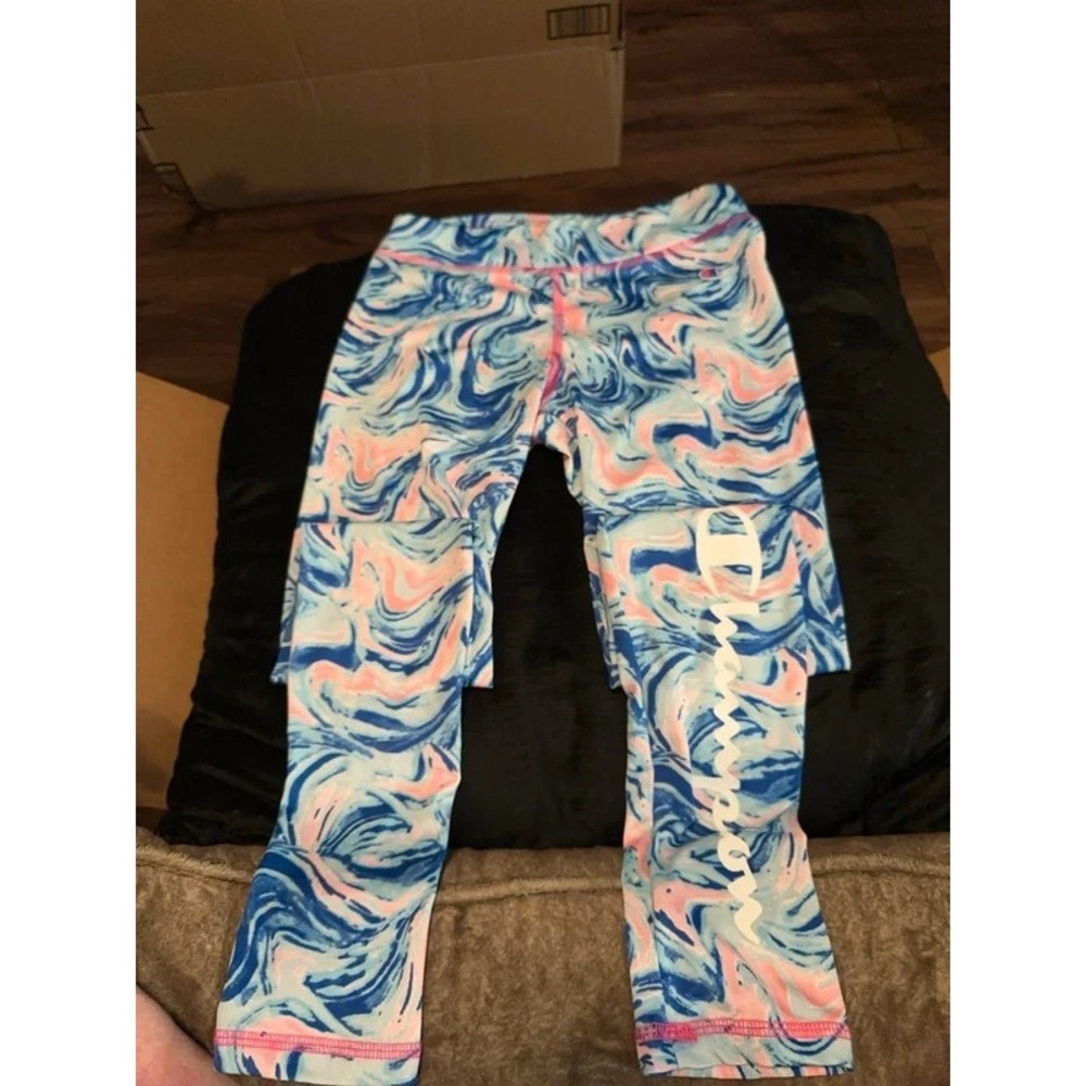 Champion Girls Marble Print Athletic Leggings Blue Pink Size 10/12 Activewear